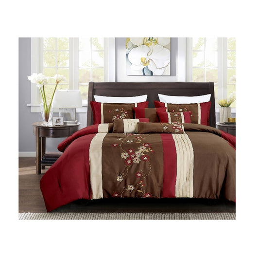 7 Piece Comforter Set Brown Red Floral Modern Bedding - Singing Wind Market