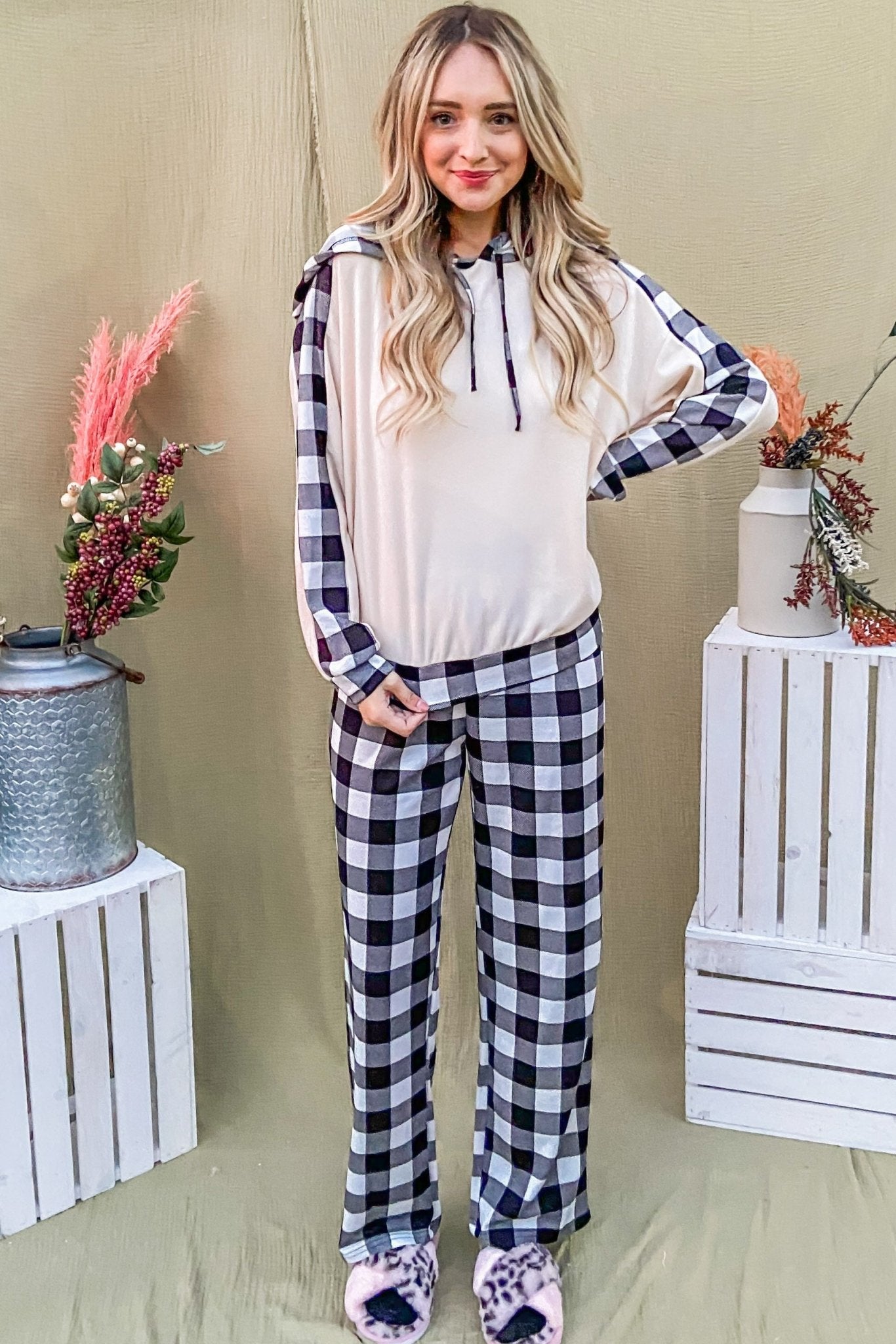 And The Why Drawstring Hooded Top and Plaid Pants Lounge Set - Singing Wind Market