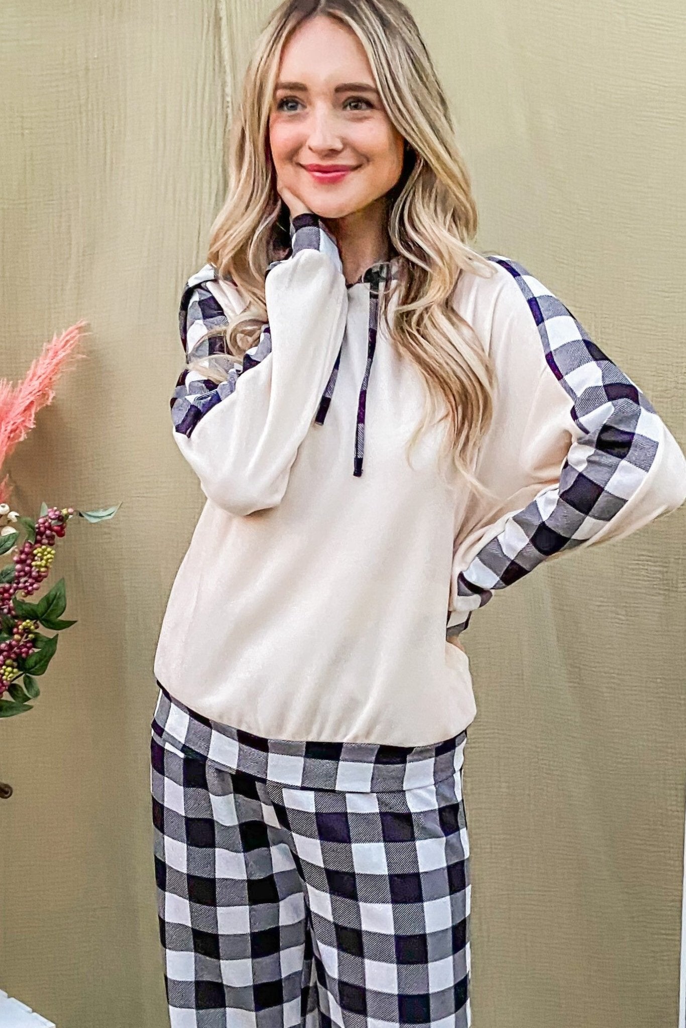 And The Why Drawstring Hooded Top and Plaid Pants Lounge Set - Singing Wind Market