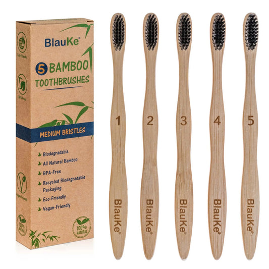 Bamboo Toothbrush Set 5 - Pack - Bamboo Toothbrushes with Medium Bristles for Adults - Eco - Friendly, Biodegradable, Natural Wooden Toothbrushes with Black Charcoal Bristles - Singing Wind Market