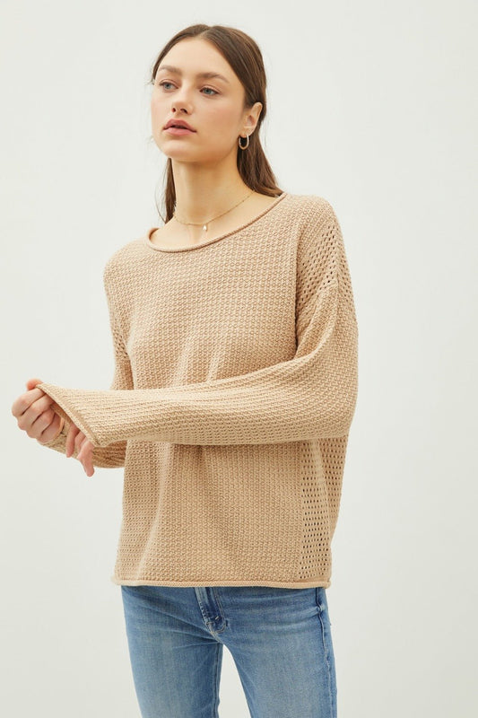 Be Cool Rolled Openwork Round Neck Sweater - Singing Wind Market