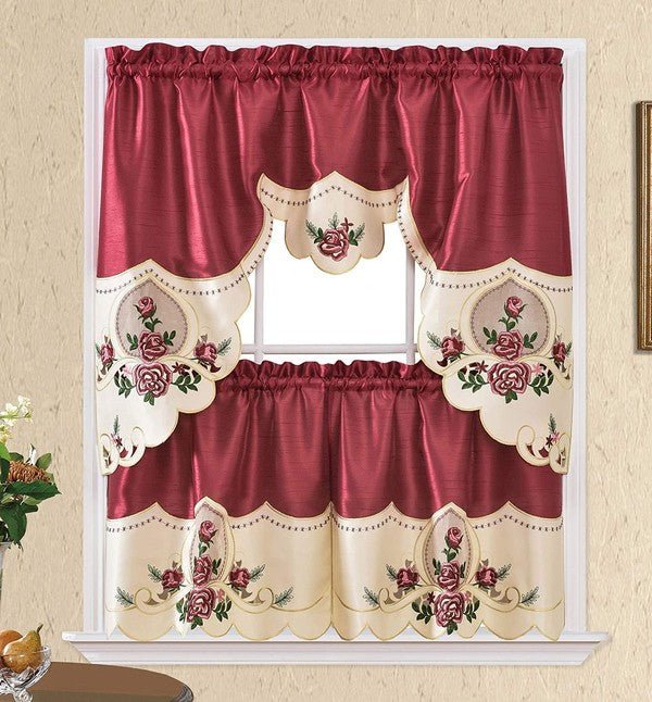 Burgundy Rose Embroidery Kitchen Curtain 3PC Set - Singing Wind Market