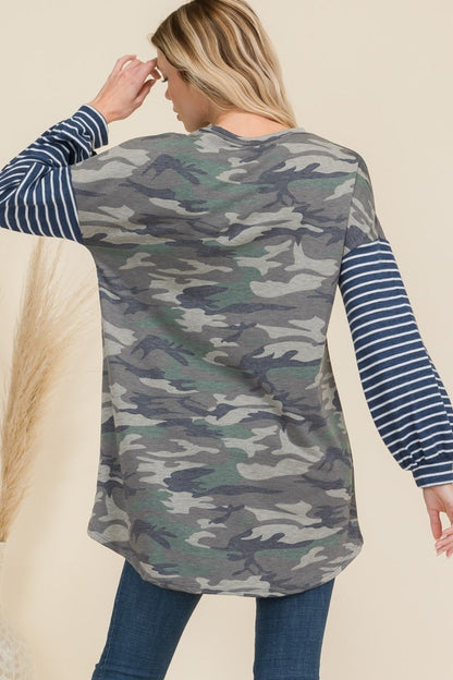 Celeste Full Size Camo Print High - Low T-Shirt with Stripe Sleeves - Singing Wind Market