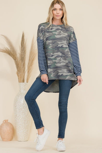 Celeste Full Size Camo Print High - Low T-Shirt with Stripe Sleeves - Singing Wind Market