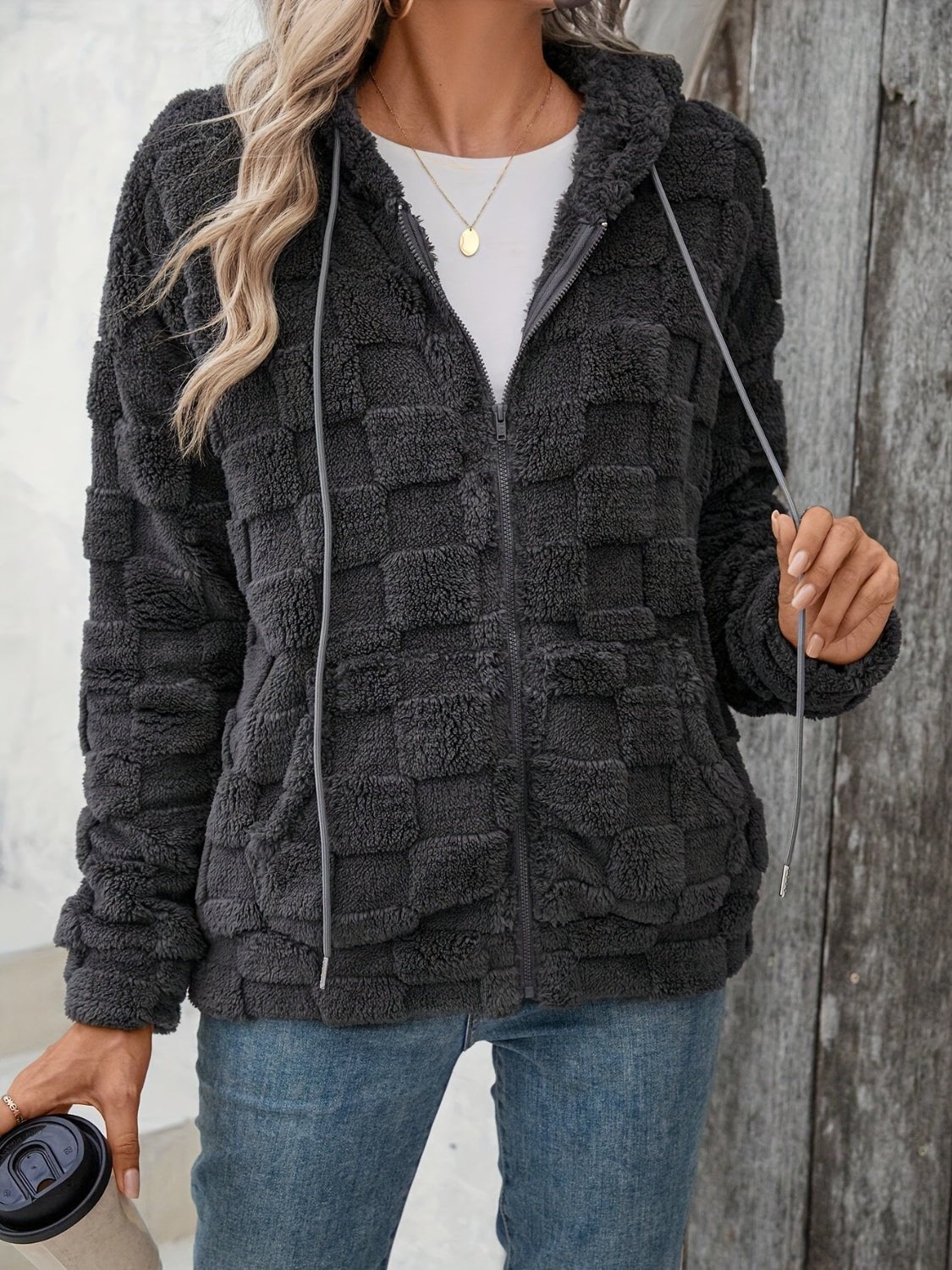 Checkered Texture Zip Up Drawstring Fuzzy Jacket - Singing Wind Market