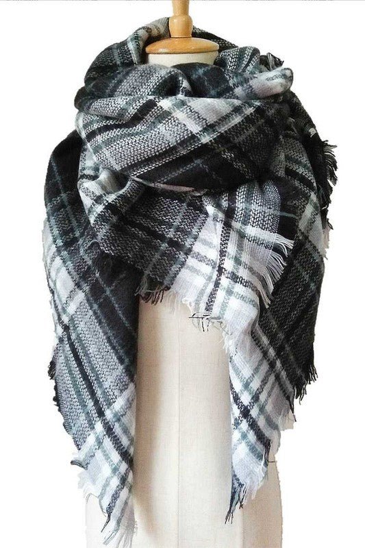 Classic Plaid Fringe Square Blanket Scarf - Singing Wind Market