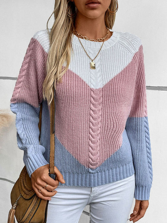 Color Block Round Neck Long Sleeve Sweater - Singing Wind Market