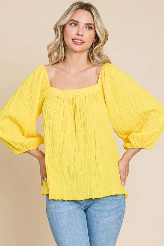 Culture Code Texture Square Neck Puff Sleeve Top - Singing Wind Market