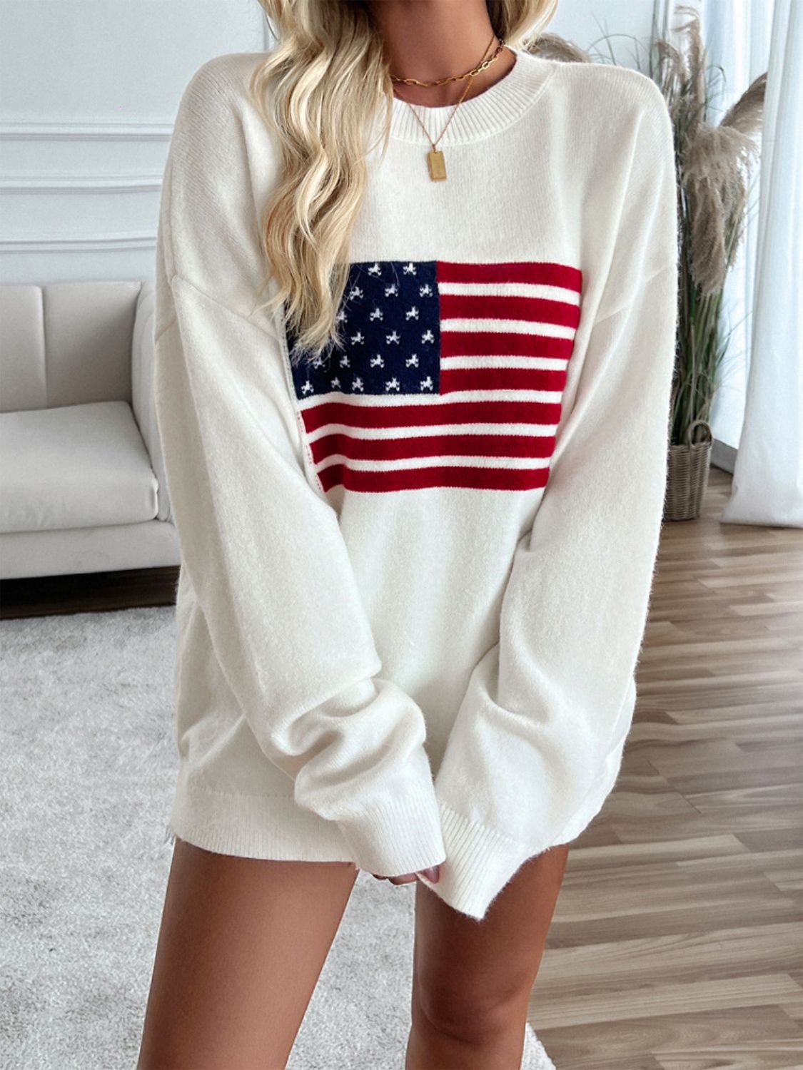 Devine US Flag Round Neck Long Sleeve Knit Top - Singing Wind Market