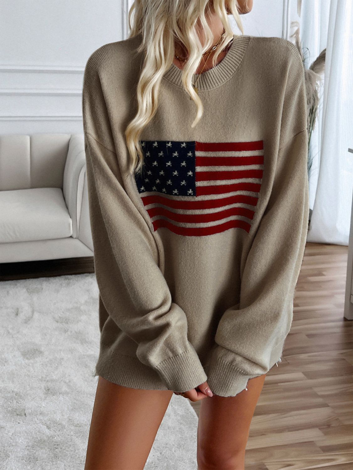 Devine US Flag Round Neck Long Sleeve Knit Top - Singing Wind Market