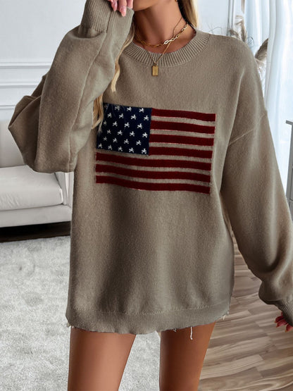 Devine US Flag Round Neck Long Sleeve Knit Top - Singing Wind Market