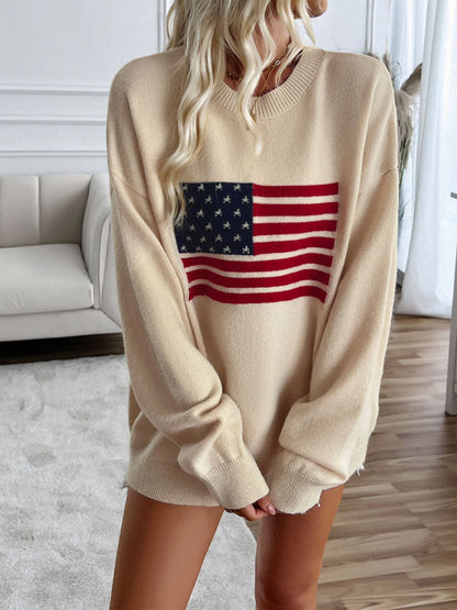 Devine US Flag Round Neck Long Sleeve Knit Top - Singing Wind Market