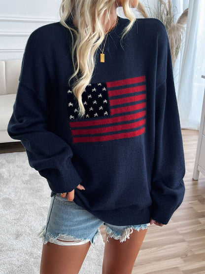 Devine US Flag Round Neck Long Sleeve Knit Top - Singing Wind Market