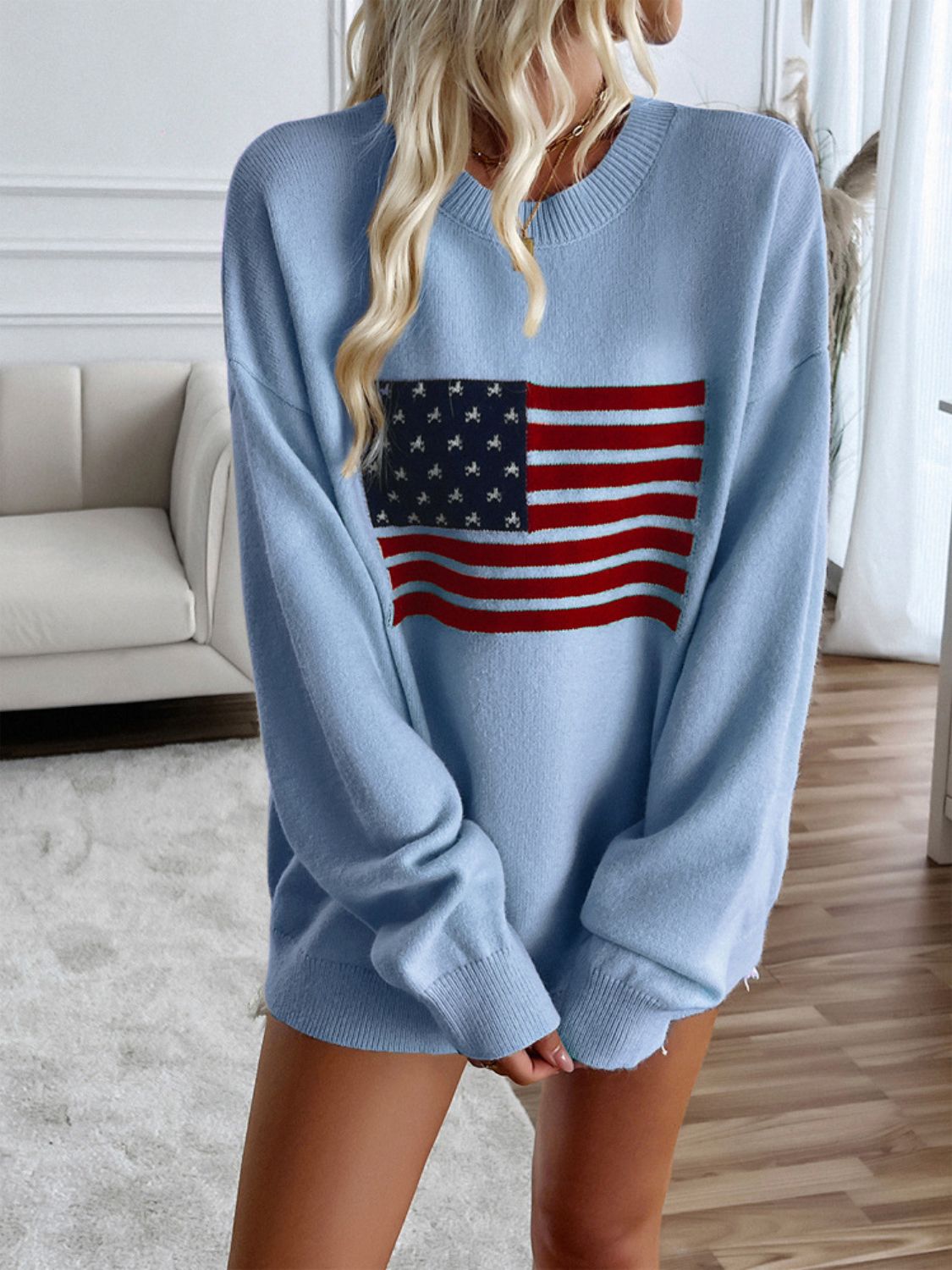 Devine US Flag Round Neck Long Sleeve Knit Top - Singing Wind Market