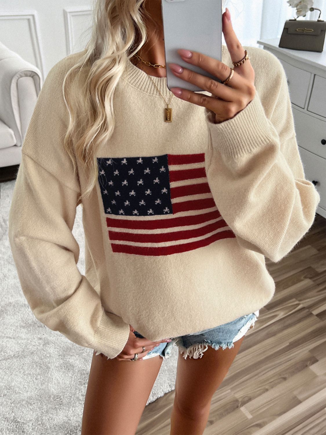 Devine US Flag Round Neck Long Sleeve Knit Top - Singing Wind Market