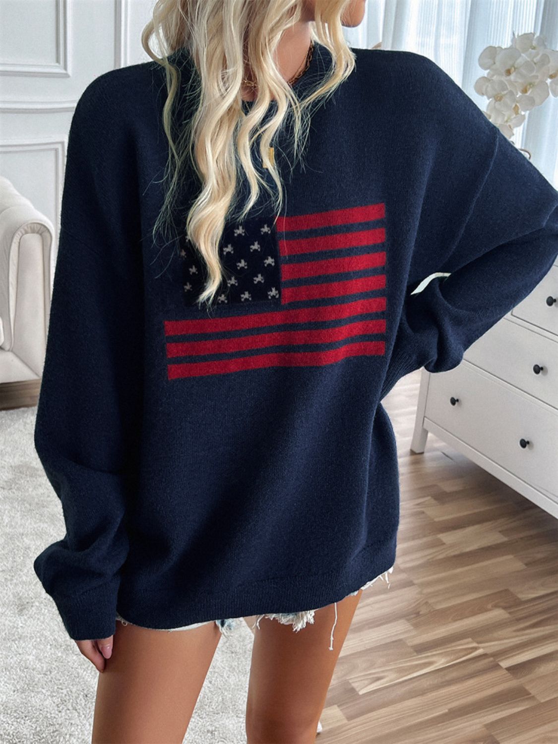 Devine US Flag Round Neck Long Sleeve Knit Top - Singing Wind Market