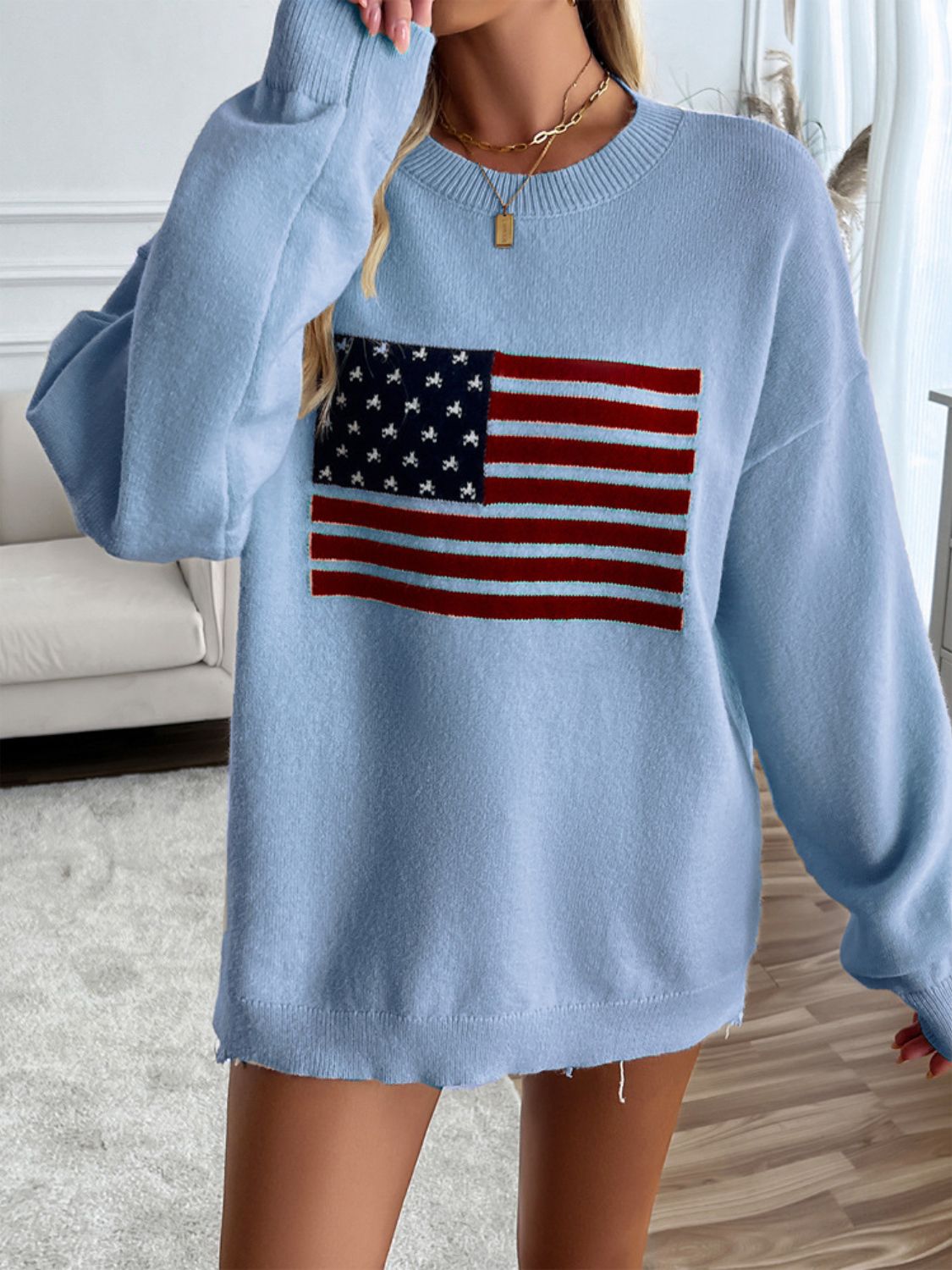 Devine US Flag Round Neck Long Sleeve Knit Top - Singing Wind Market