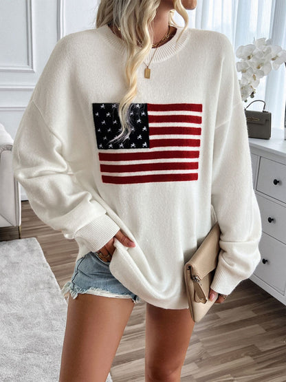 Devine US Flag Round Neck Long Sleeve Knit Top - Singing Wind Market