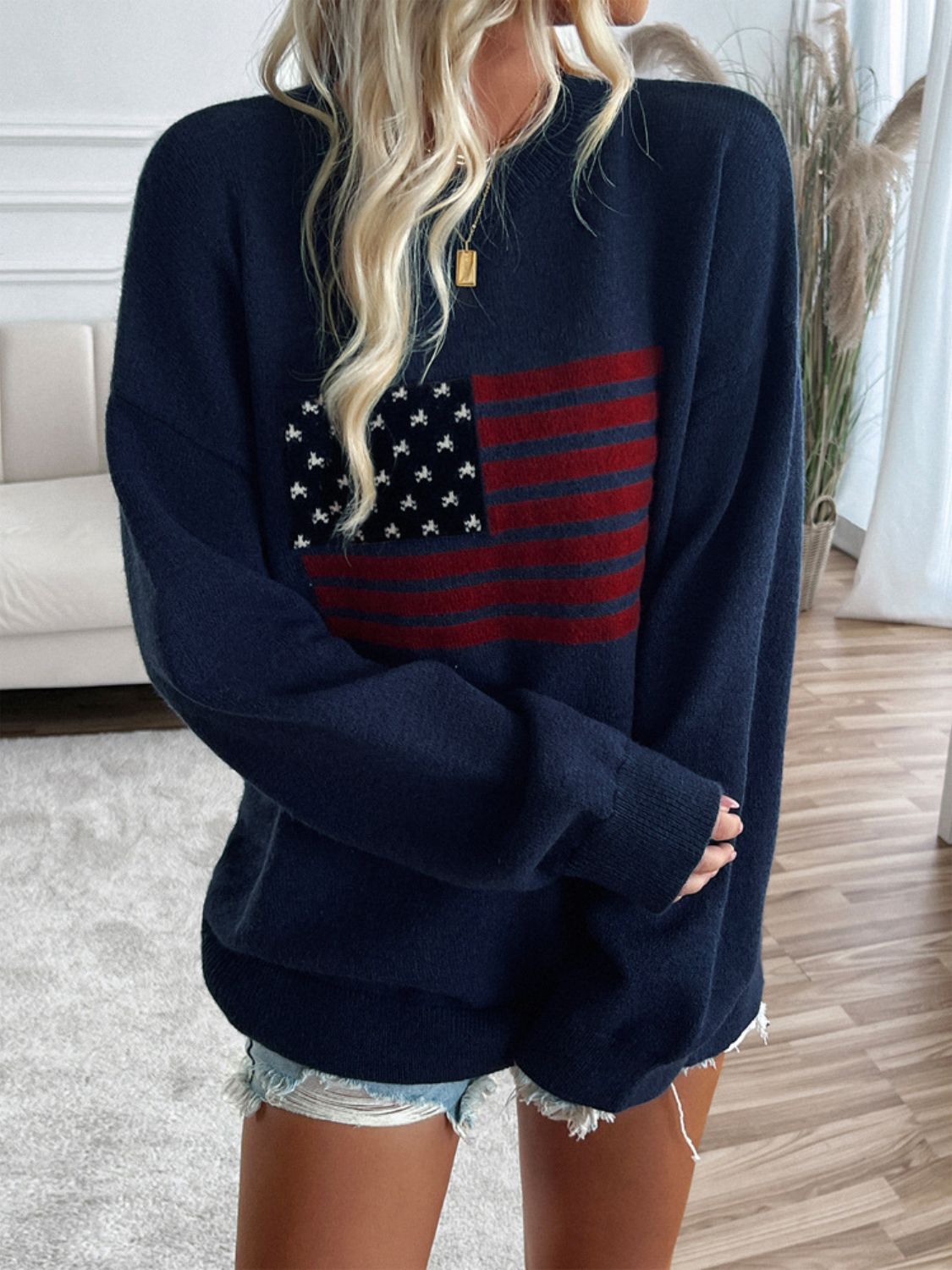 Devine US Flag Round Neck Long Sleeve Knit Top - Singing Wind Market