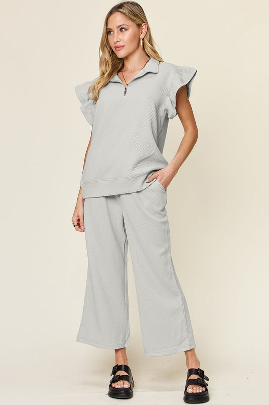 Double Take Texture Ruffle Short Sleeve Top and Drawstring Wide Leg Pants Set - Singing Wind Market