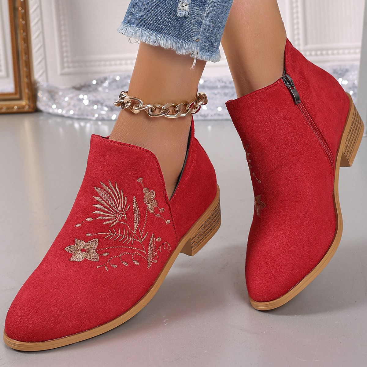 Embroidered Suede Point Toe Block Heel Boots - Singing Wind Market