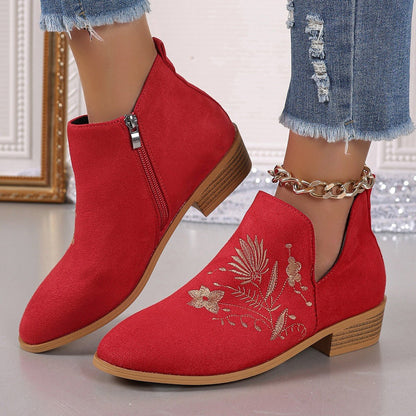 Embroidered Suede Point Toe Block Heel Boots - Singing Wind Market