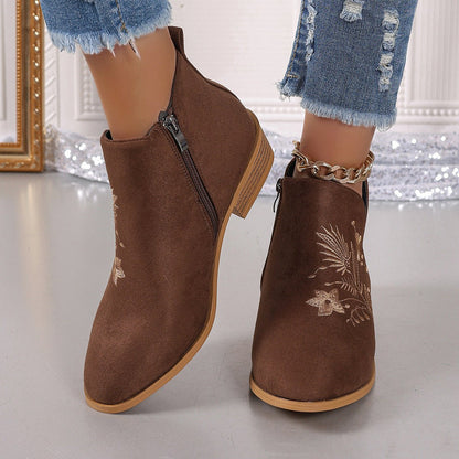 Embroidered Suede Point Toe Block Heel Boots - Singing Wind Market