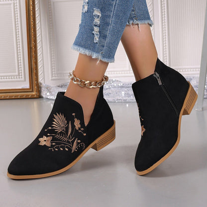 Embroidered Suede Point Toe Block Heel Boots - Singing Wind Market