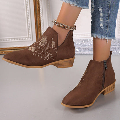 Embroidered Suede Point Toe Block Heel Boots - Singing Wind Market