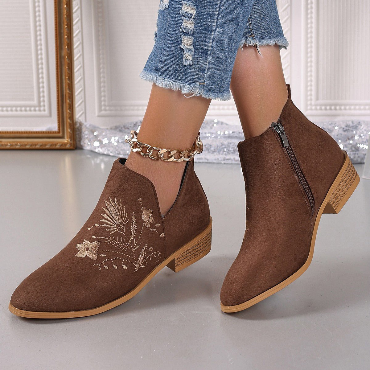 Embroidered Suede Point Toe Block Heel Boots - Singing Wind Market