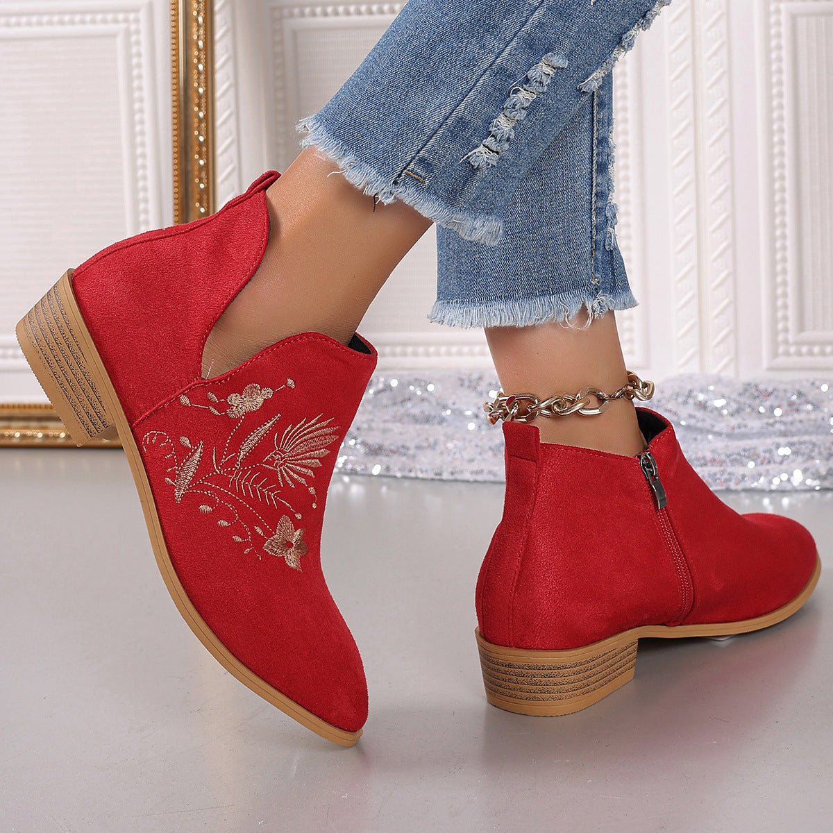 Embroidered Suede Point Toe Block Heel Boots - Singing Wind Market