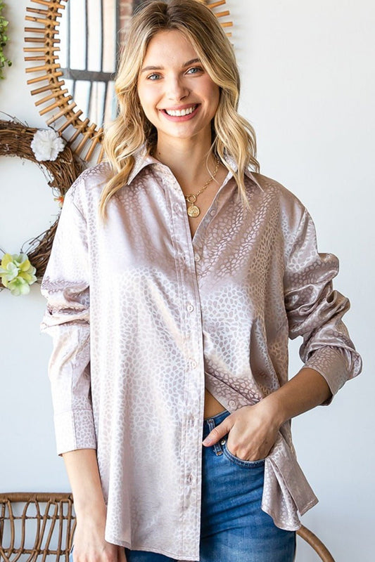 First Love Full Size Ditsy Dot Button Down Collared Satin Shirt - Singing Wind Market