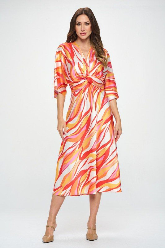 Front Twist Multi Color Print Satin Dress - Singing Wind Market