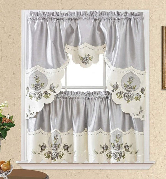 Grey Rose Embroidery Kitchen Curtain 3PC Set - Singing Wind Market