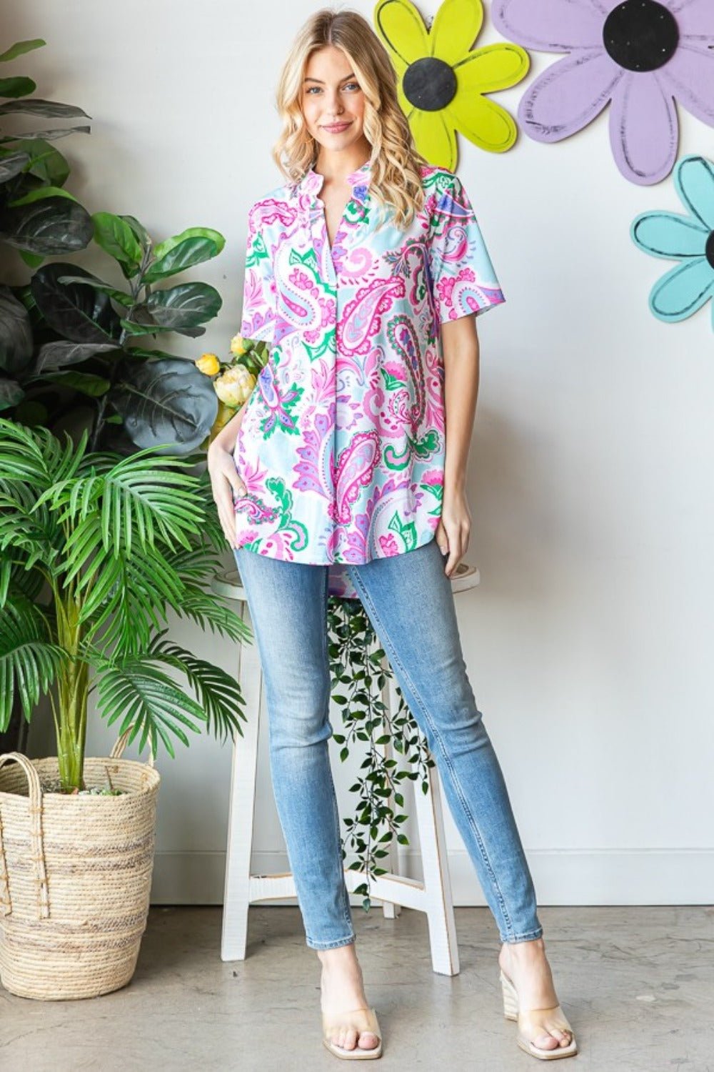 Heimish Full Size Paisley Print Short Sleeve Top - Singing Wind Market