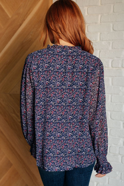 Lucid Dream Ruffle Neckline Blouse in Navy - Singing Wind Market