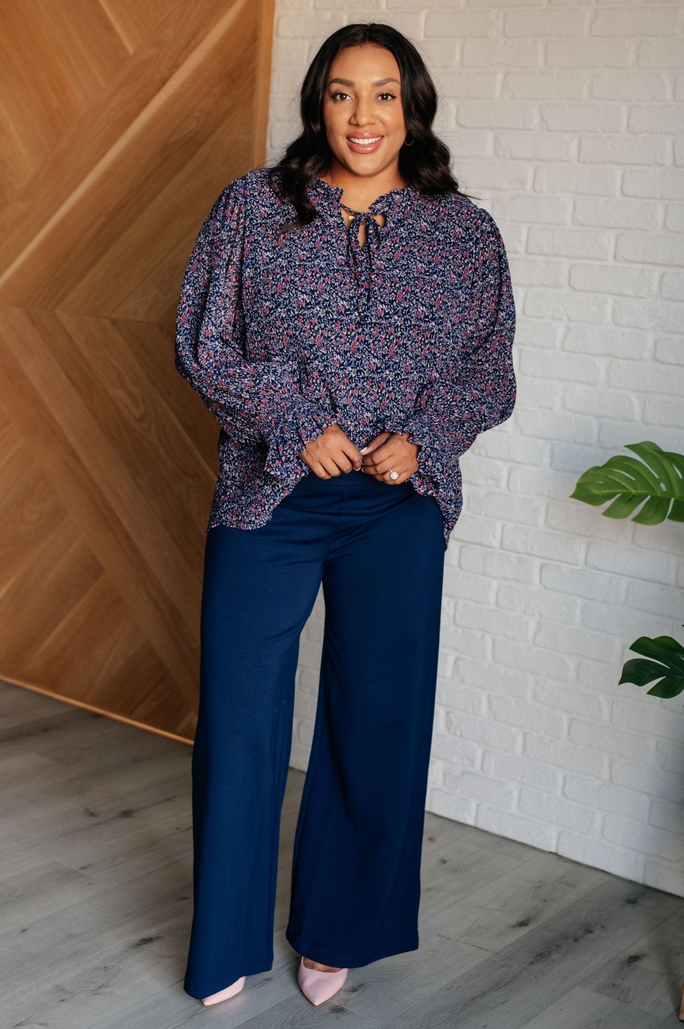 Lucid Dream Ruffle Neckline Blouse in Navy - Singing Wind Market