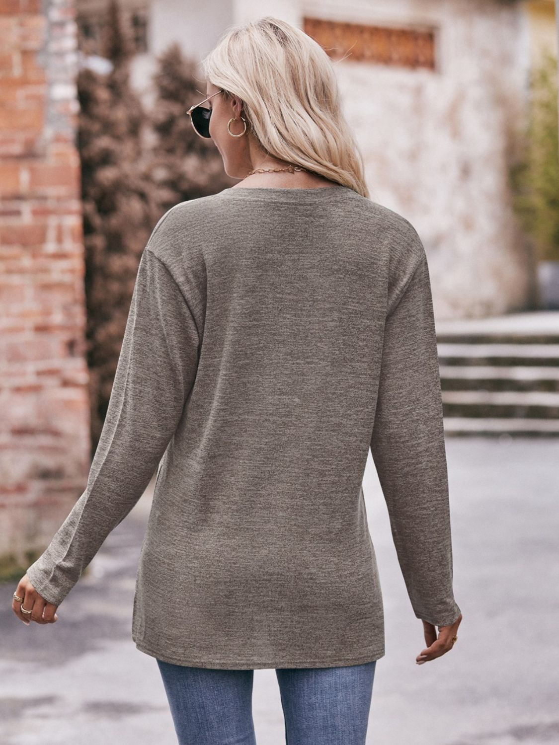 Mandy Buttoned Notched Neck Long Sleeve Top - Singing Wind Market