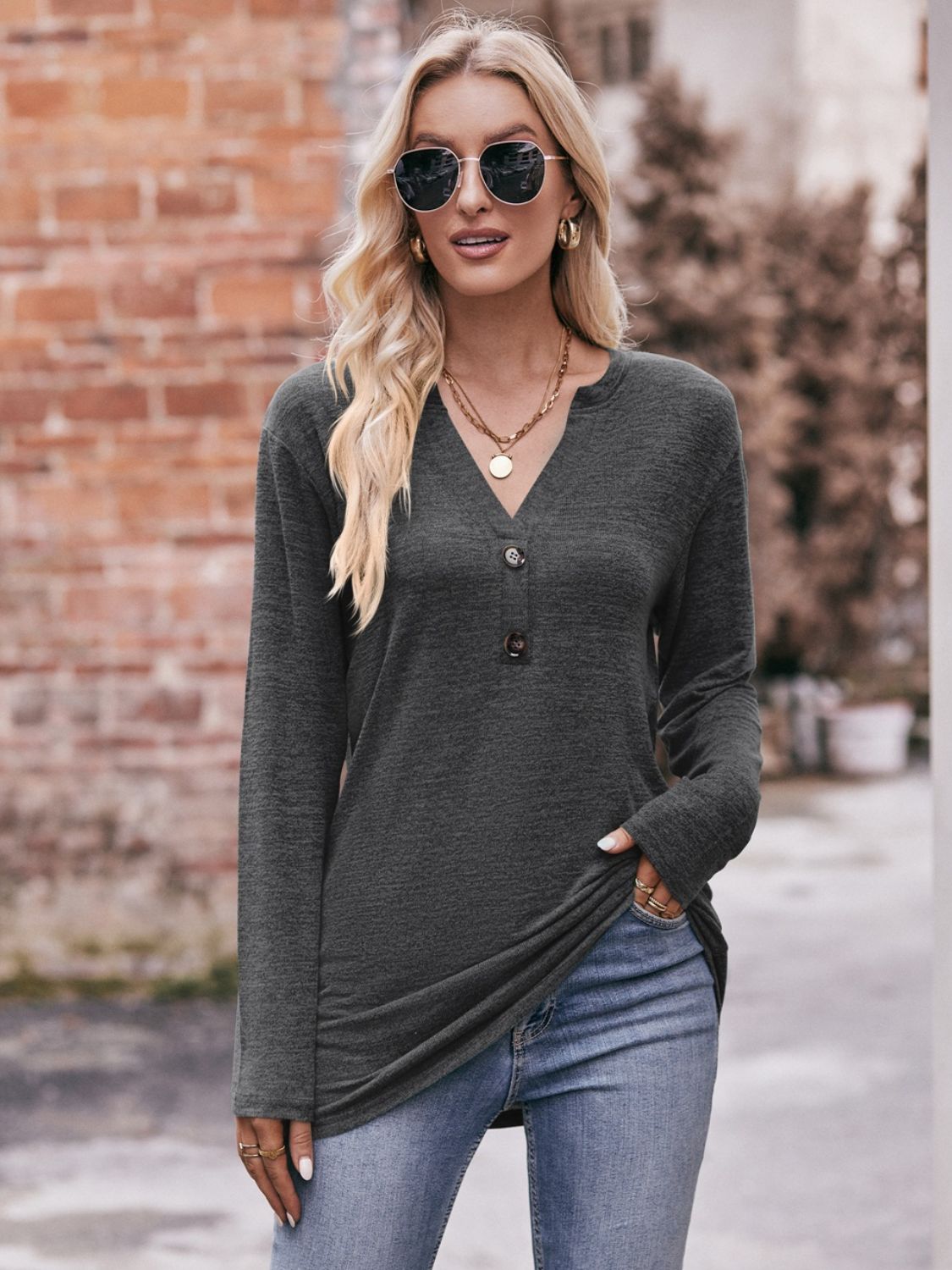 Mandy Buttoned Notched Neck Long Sleeve Top - Singing Wind Market