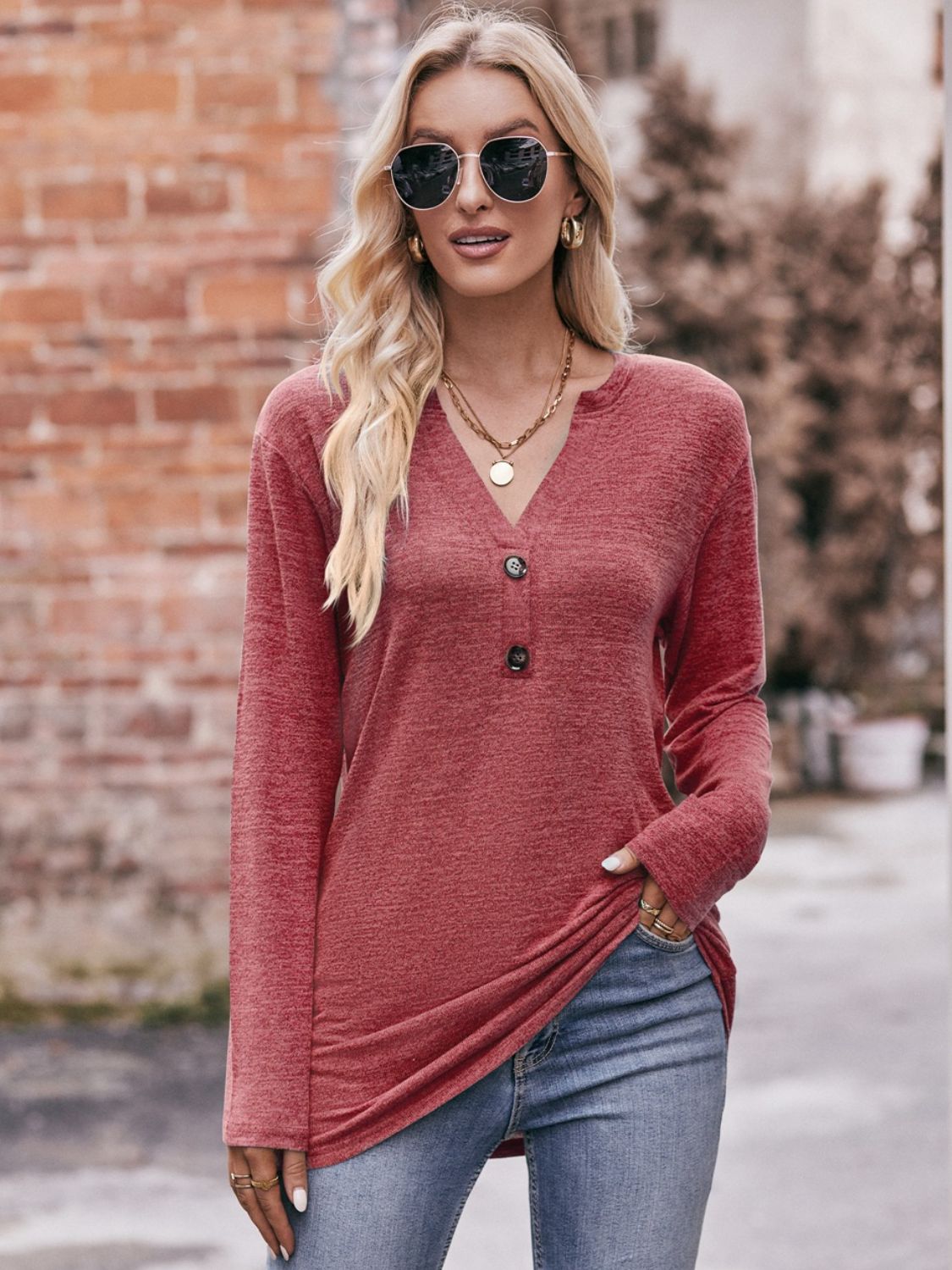 Mandy Buttoned Notched Neck Long Sleeve Top - Singing Wind Market