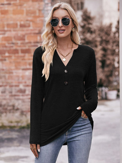 Mandy Buttoned Notched Neck Long Sleeve Top - Singing Wind Market