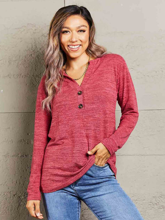 Mandy Buttoned Notched Neck Long Sleeve Top - Singing Wind Market