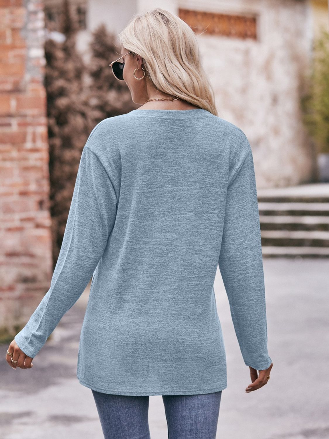 Mandy Buttoned Notched Neck Long Sleeve Top - Singing Wind Market