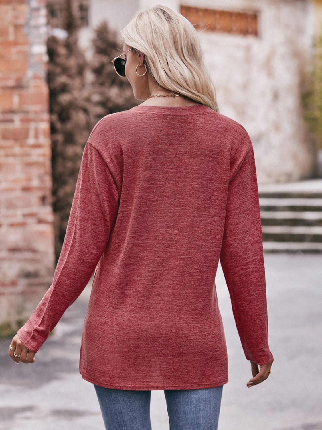 Mandy Buttoned Notched Neck Long Sleeve Top - Singing Wind Market