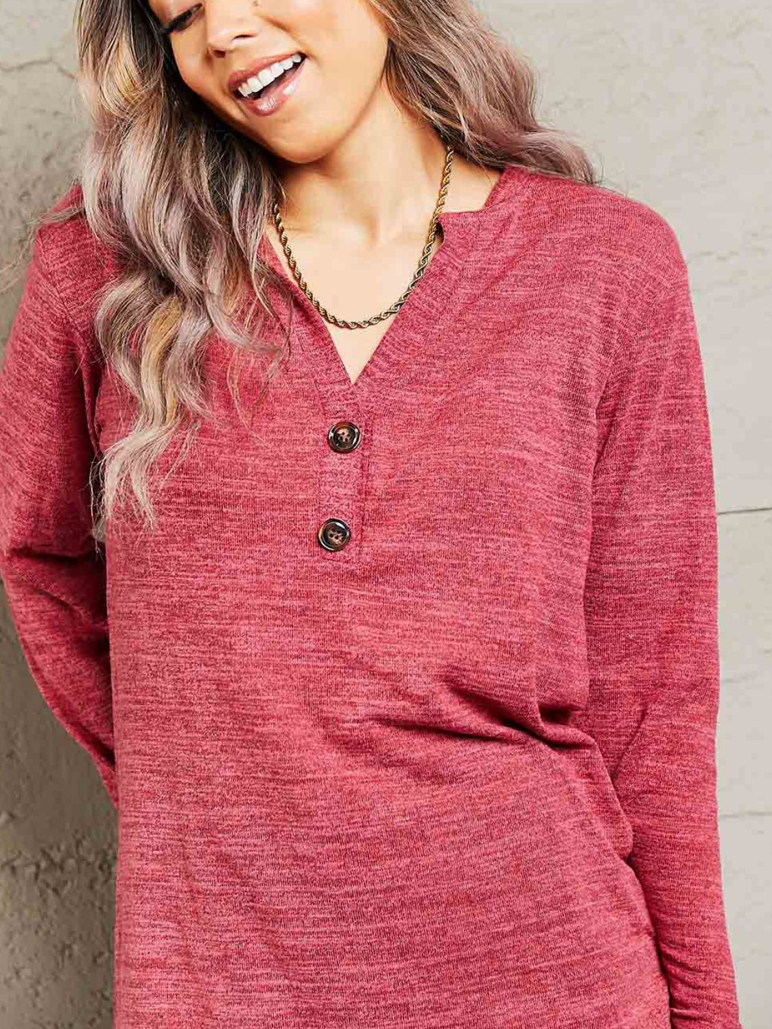 Mandy Buttoned Notched Neck Long Sleeve Top - Singing Wind Market