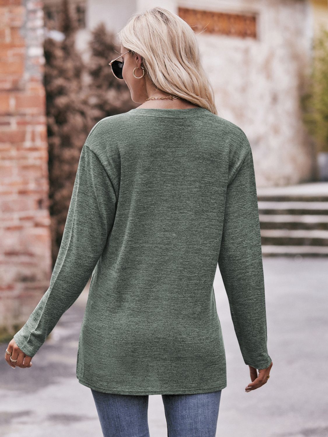 Mandy Buttoned Notched Neck Long Sleeve Top - Singing Wind Market