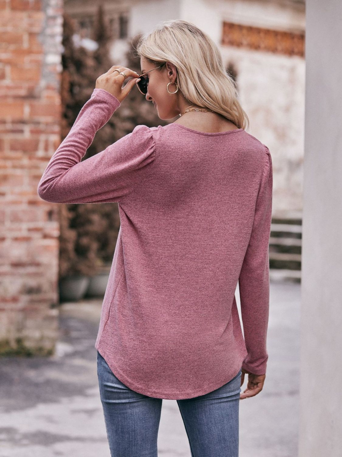 Mandy Pleated Detail Curved Hem Long Sleeve Top - Singing Wind Market