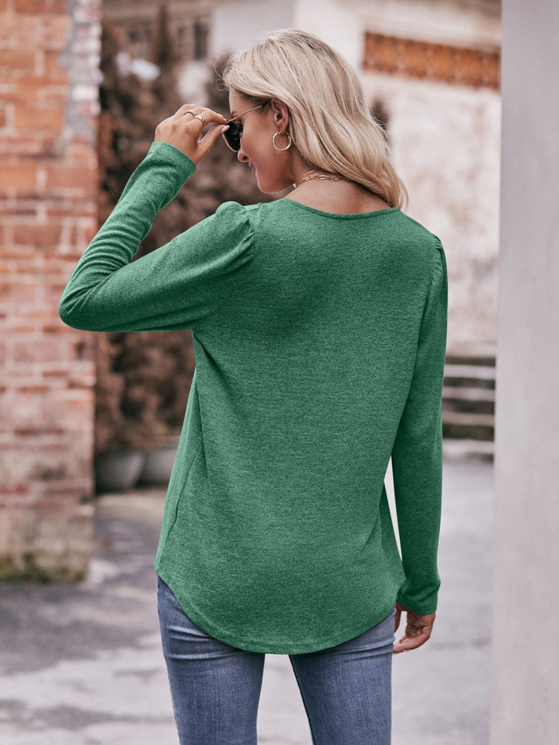 Mandy Pleated Detail Curved Hem Long Sleeve Top - Singing Wind Market