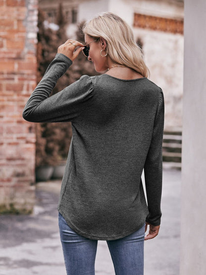 Mandy Pleated Detail Curved Hem Long Sleeve Top - Singing Wind Market