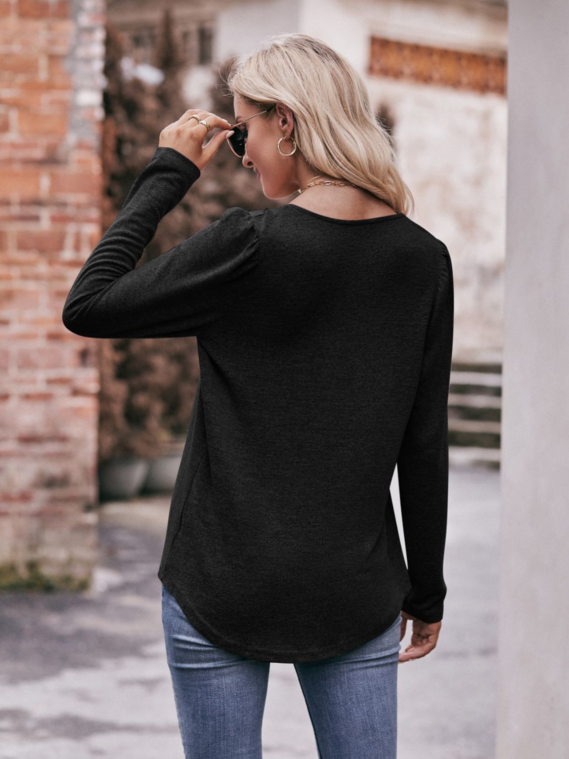 Mandy Pleated Detail Curved Hem Long Sleeve Top - Singing Wind Market